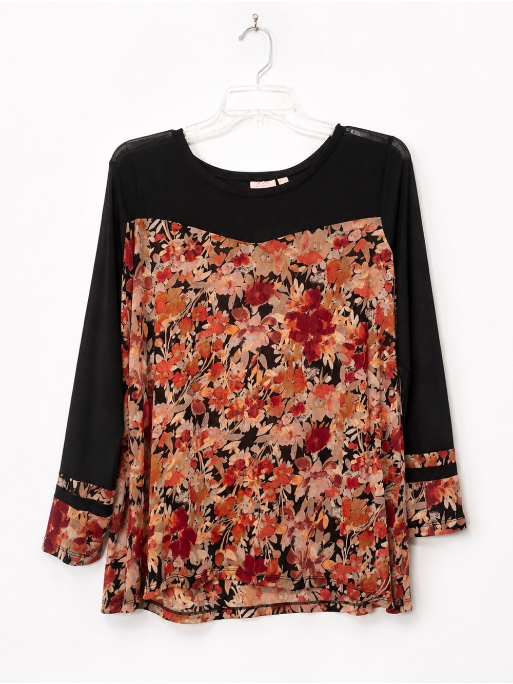 LOGO Layers by Lori Goldstein 1X Floral Sheer Mesh Tunic Top Black Pink Orange - Picture 2 of 15